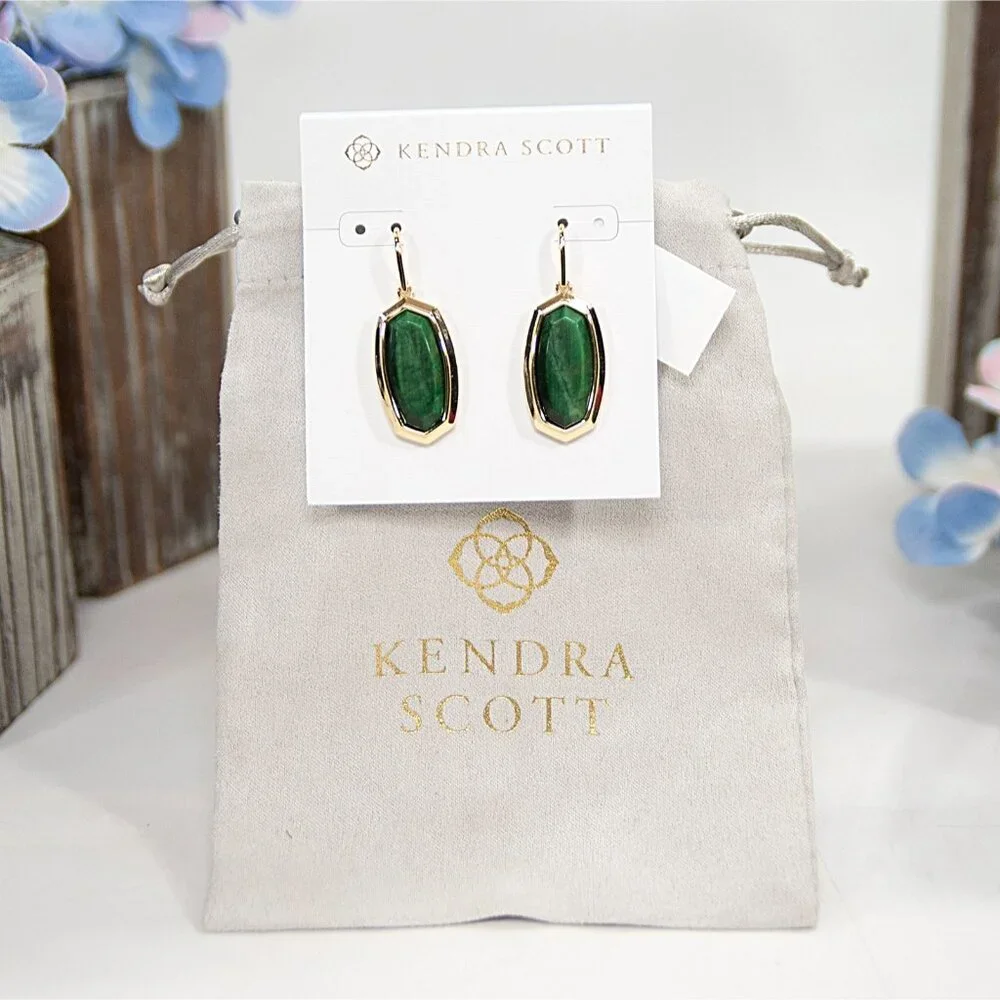 Kendra Scott Dani Gold Bezel Frame Green Tiger's Eye Earrings NWT - Picture 2 of 6